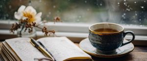 Open journal with handwritten notes, a cup of tea, and pen by the window — symbolising self-reflection to save a marriage