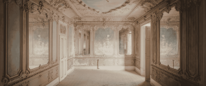 Elegant interior room with ornate ceiling and mirrors symbolising loss of self in relationships, reflection, identity, and hidden aspects of the psyche at relationship crossroads.