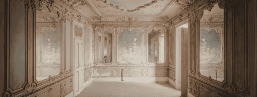 Elegant interior room with ornate ceiling and mirrors symbolising loss of self in relationships, reflection, identity, and hidden aspects of the psyche at relationship crossroads.