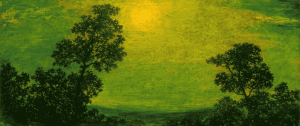 Moonlight reflecting across still water in a luminous green landscape, symbolising reflection and connection with the inner world.