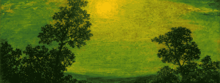 Moonlight reflecting across still water in a luminous green landscape, symbolising reflection and connection with the inner world.