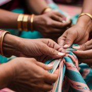 Women weaving a traditional textile together, symbolising creativity, connection and the gradual expression of the authentic self.