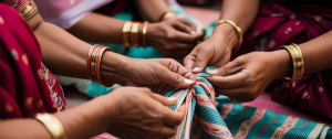 Women weaving a traditional textile together, symbolising creativity, connection and the gradual expression of the authentic self.