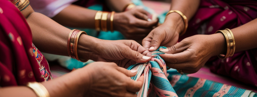 Women weaving a traditional textile together, symbolising creativity, connection and the gradual expression of the authentic self.
