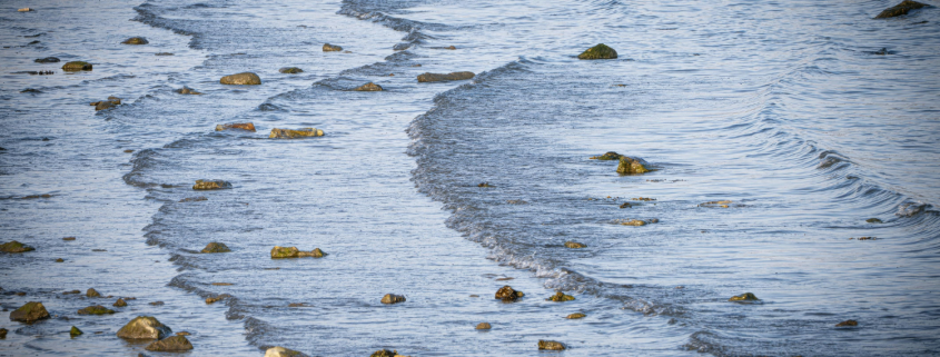 ranquil rocky shoreline at low tide.